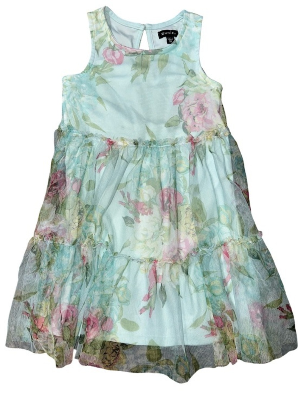 Zunie Girls Size 3T Aqua Blue Floral Tiered Tulle Sleeveless Dress